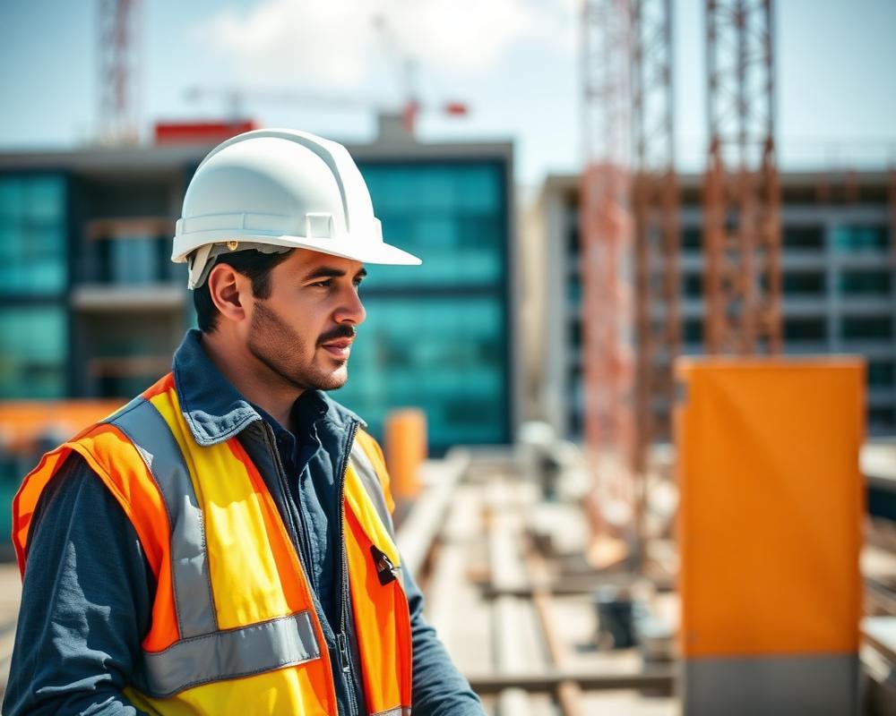 Profissional com equipamento de proteção em um canteiro de obras