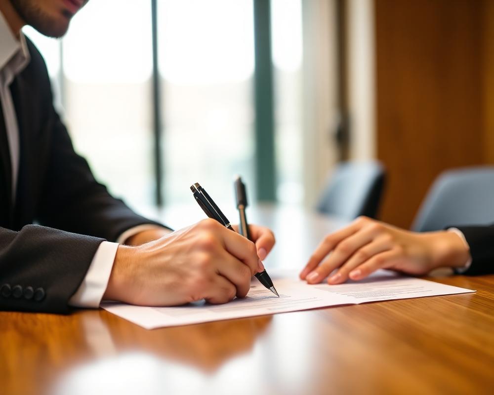 Assinatura de contrato em uma mesa de reunião