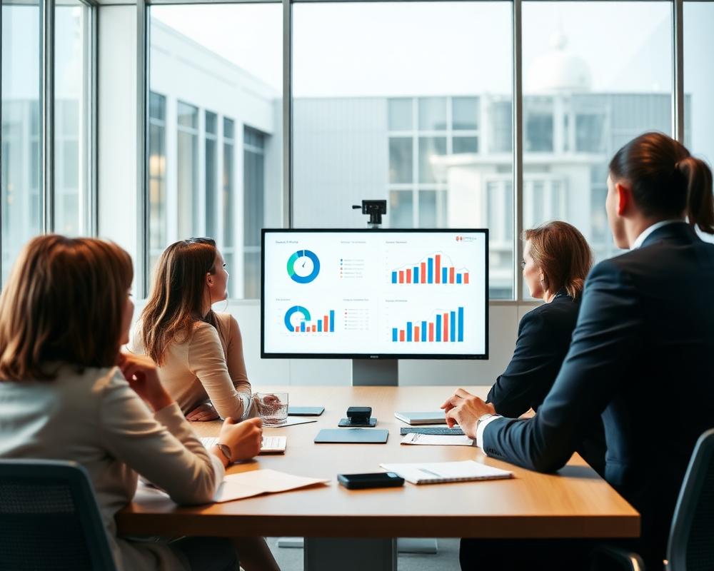 Profissionais de RH em reunião analisando indicadores