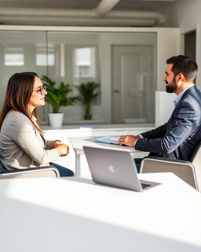 Consultora conversando com um cliente em um escritório