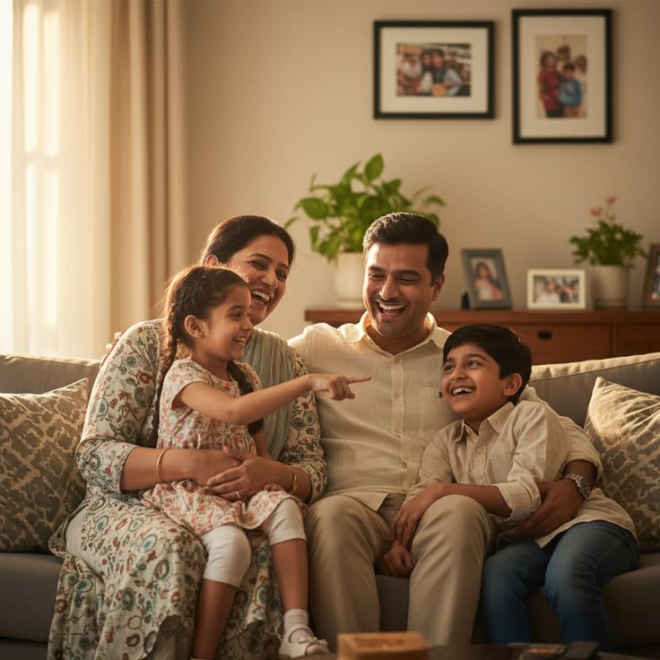 Família reunida na sala de casa em um momento cotidiano