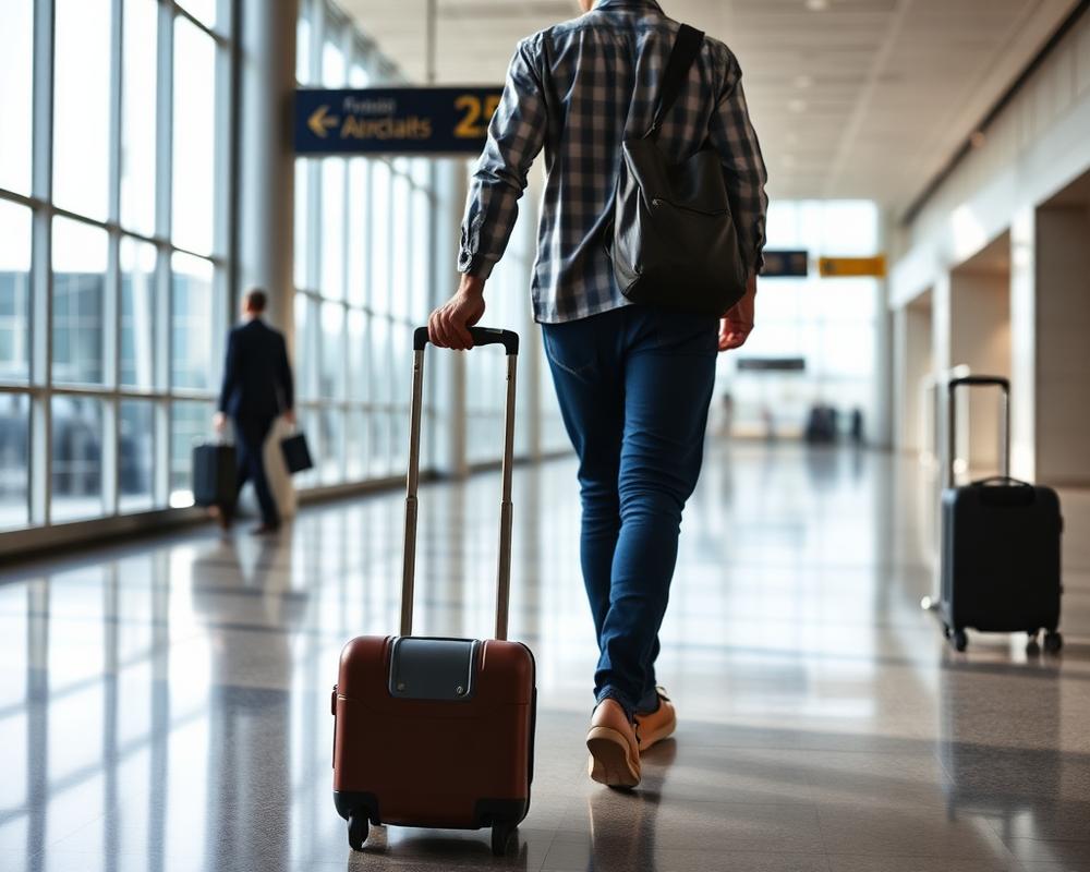 Viajante com mala no saguão de um aeroporto